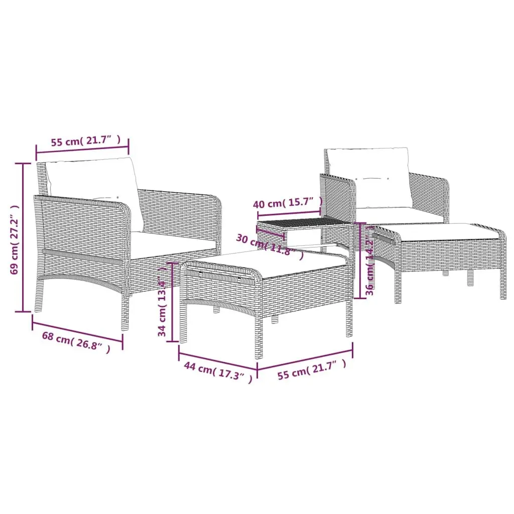 5 Piece Outdoor Lounge Set Poly Rattan Grey with Cushions Coffee Table and Stool