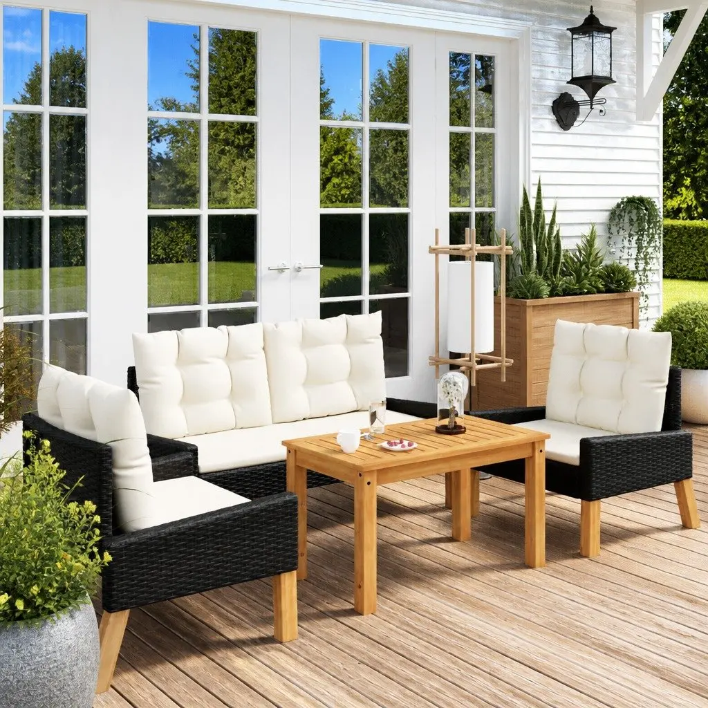 Garden Lounge Set Poly Rattan 4 Piece Outdoor Furniture Black with Cushions