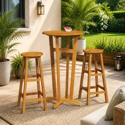 3 Piece Bar Set Solid Acacia Wood Outdoor Indoor Bistro Table Chairs Brown