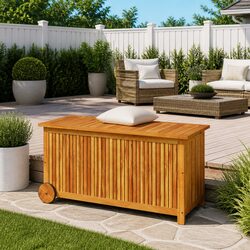 Garden Storage Box with Wheels Solid Wood Outdoor Cushion Deck Box 113x50x58cm