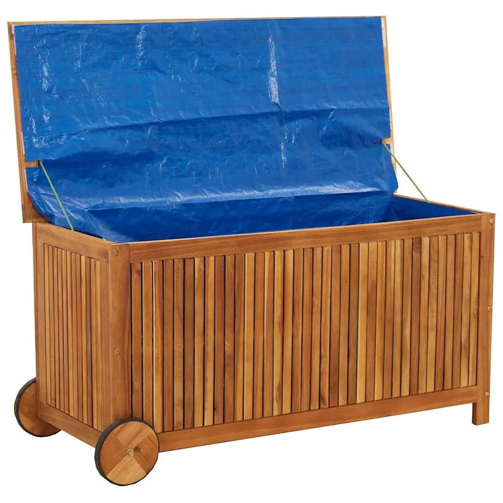 Outdoor Cushion Storage Box Solid Acacia Wood Brown 113x50x58cm with Wheels and Water-Resistant Inner Bag