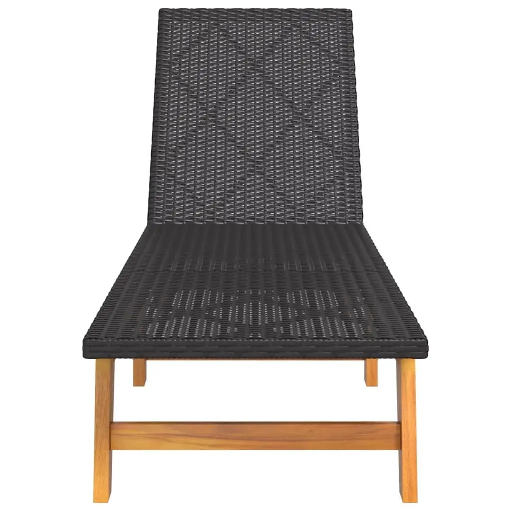 Sun Lounger PE Rattan Black Adjustable Reclining Chair Solid Acacia Wood Frame