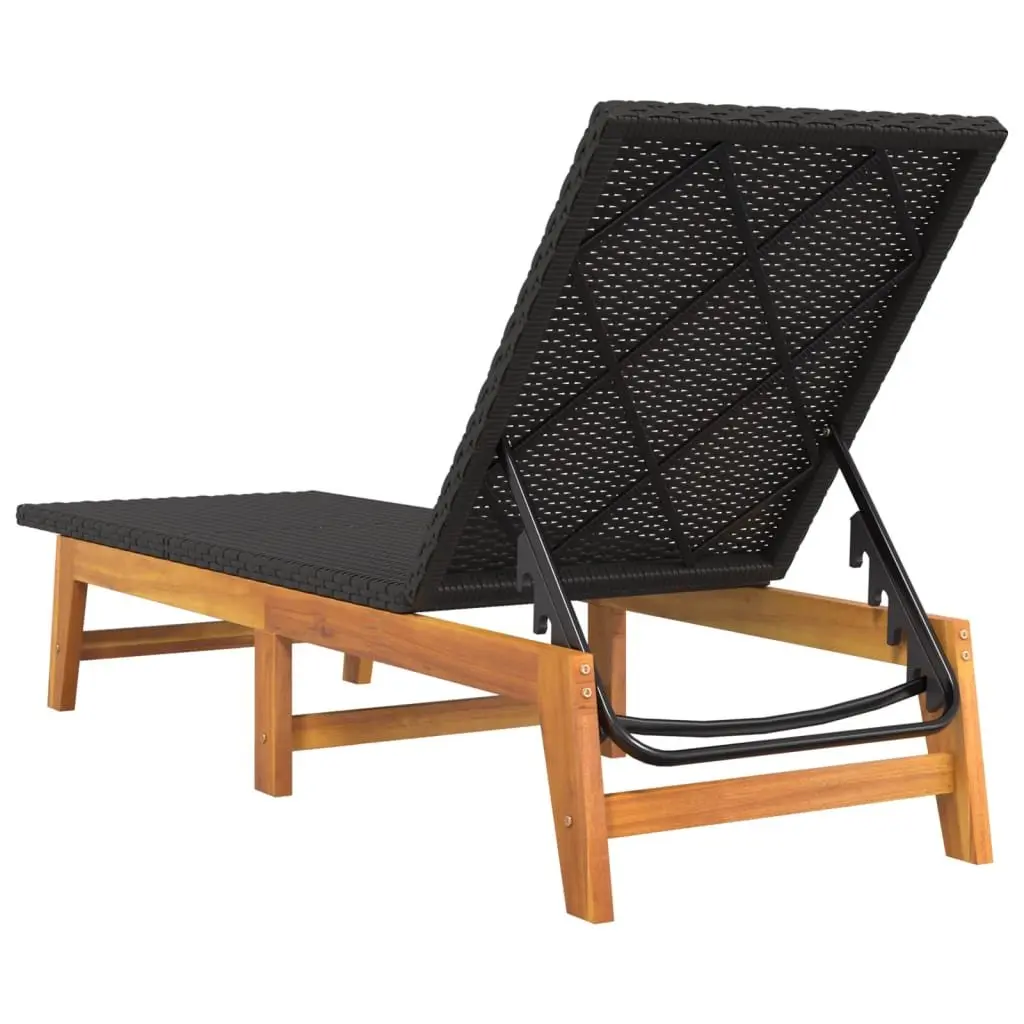 Sun Lounger PE Rattan Black Adjustable Reclining Chair Solid Acacia Wood Frame
