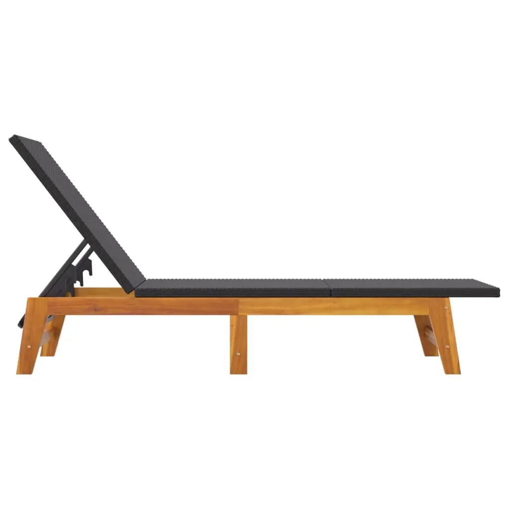 Sun Lounger Poly Rattan Acacia Wood Adjustable Backrest 2 Piece Set Black