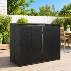 Double Wheelie Bin Shed Garden Storage Black Poly Rattan Outdoor Waste