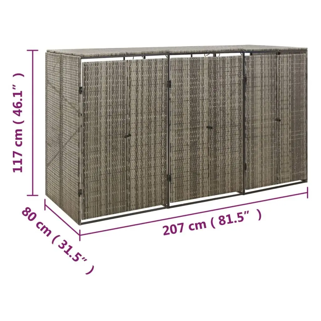 Triple Wheelie Bin Shed Poly Rattan Grey 207 x 80 x 117 cm