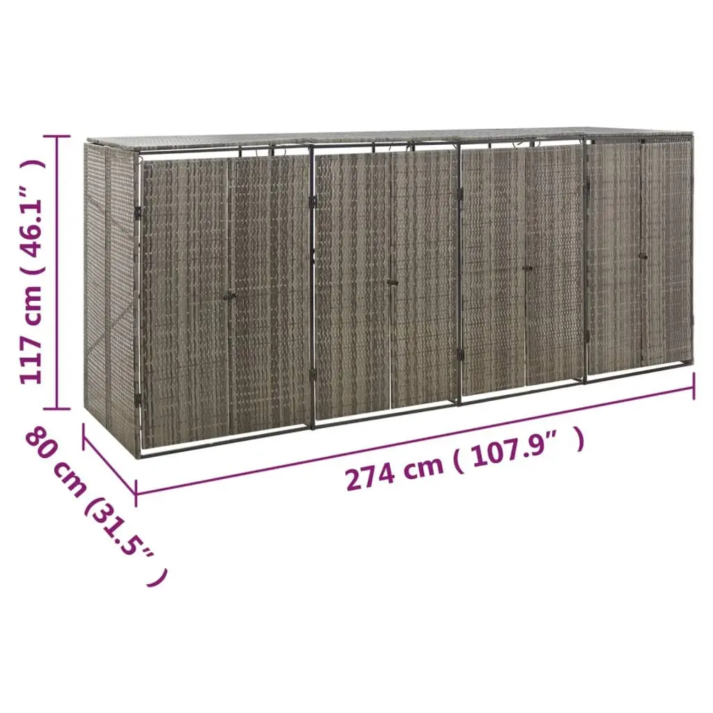 Quadruple Wheelie Bin Shed Poly Rattan Powder-coated Steel 274x80x117cm Grey