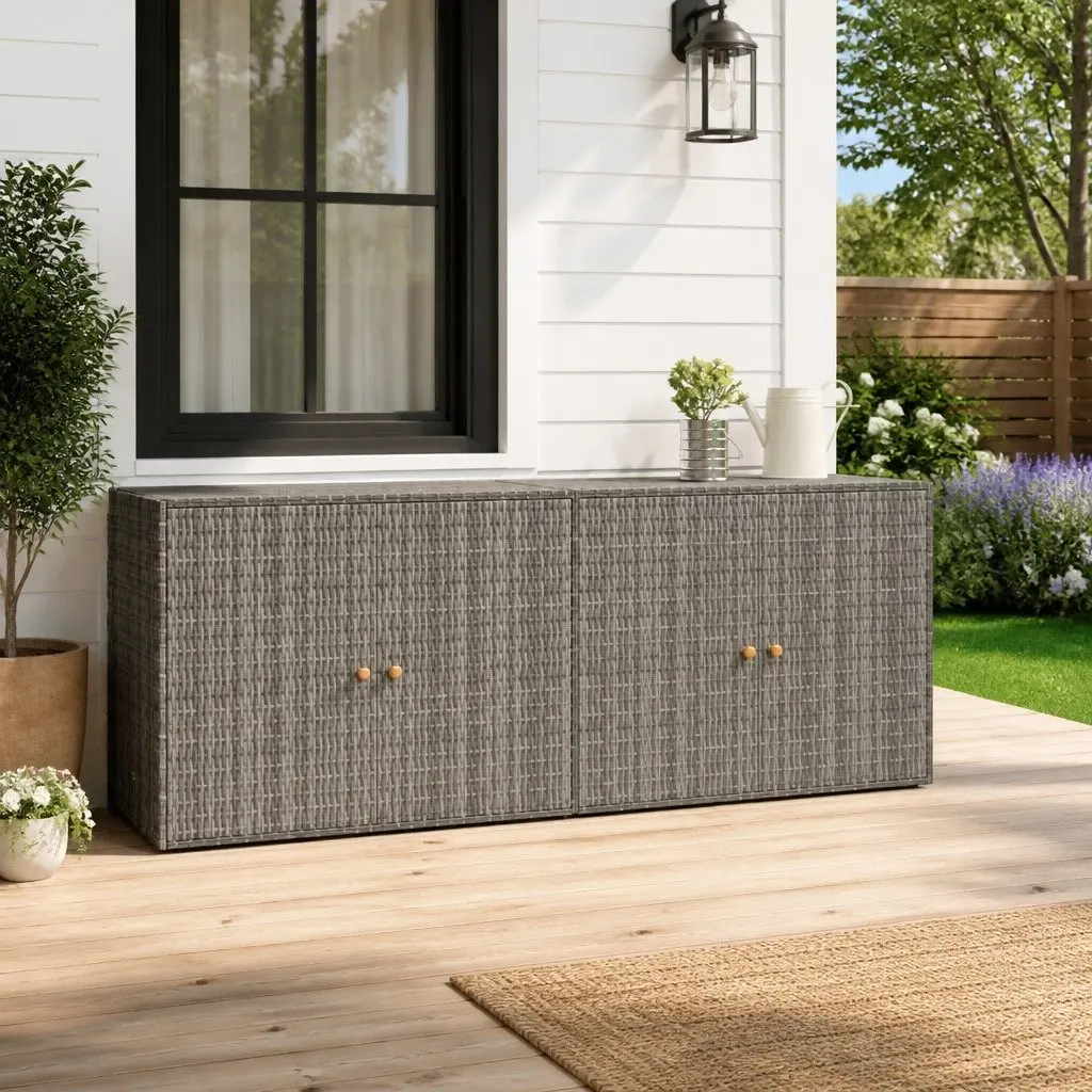 Outdoor Tool Chest Poly Rattan Weatherproof Storage Cabinet Grey 198x55.5x80cm