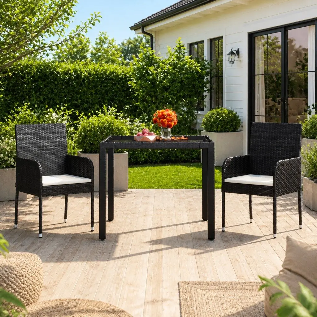Garden Table Poly Rattan 90x90x75cm Black Tempered Glass Top Powder Coated Steel Frame Outdoor Furniture
