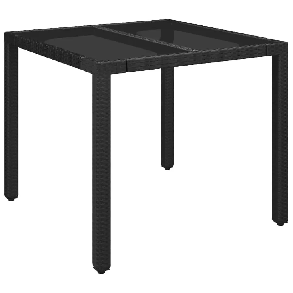 Garden Table Poly Rattan 90x90x75cm Black Tempered Glass Top Powder Coated Steel Frame Outdoor Furniture