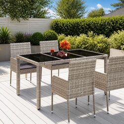 Outdoor Garden Table Glass Top Grey Poly Rattan Patio Furniture 150x90x75cm