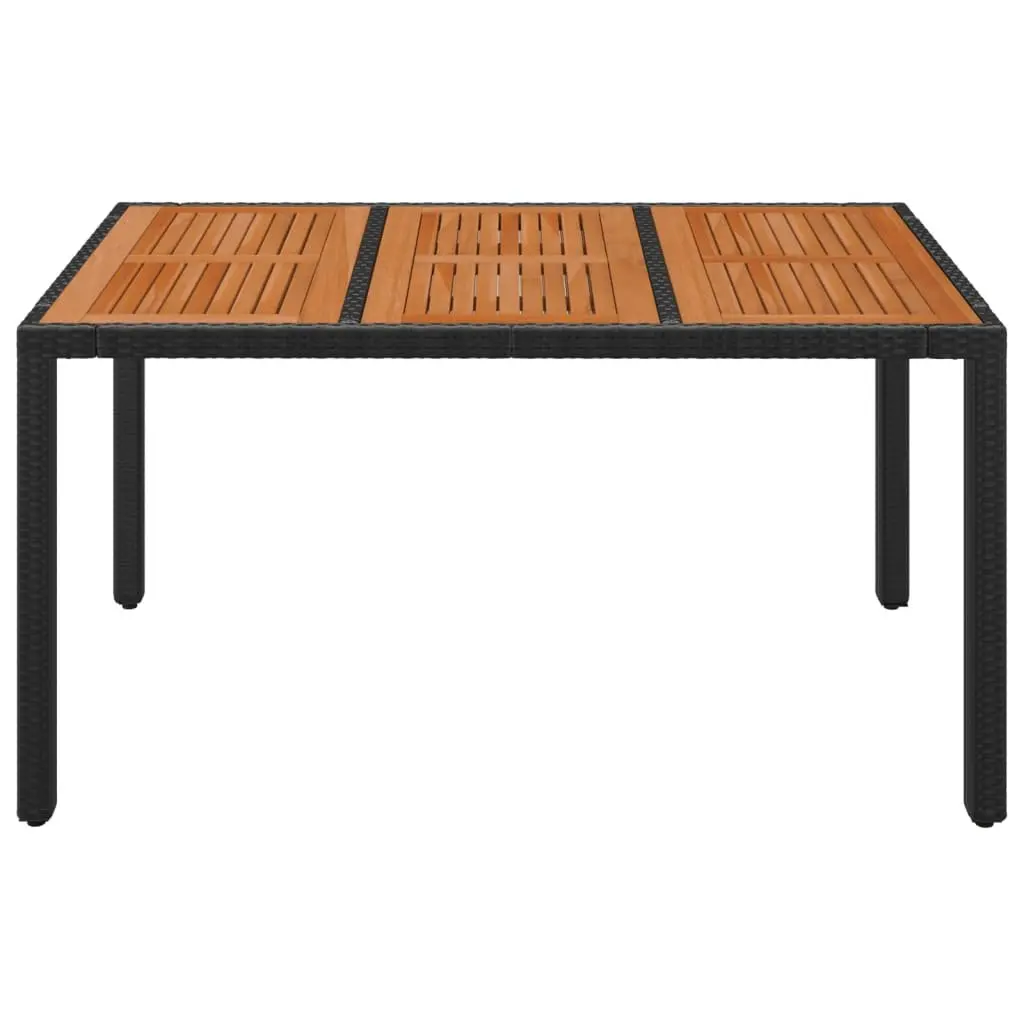 Garden Table Black Solid Acacia Wood Top Poly Rattan Frame Outdoor Patio Furniture 150x90x75cm