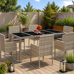 Garden Table Glass Top Outdoor Patio Furniture Poly Rattan Grey 190x90x75cm