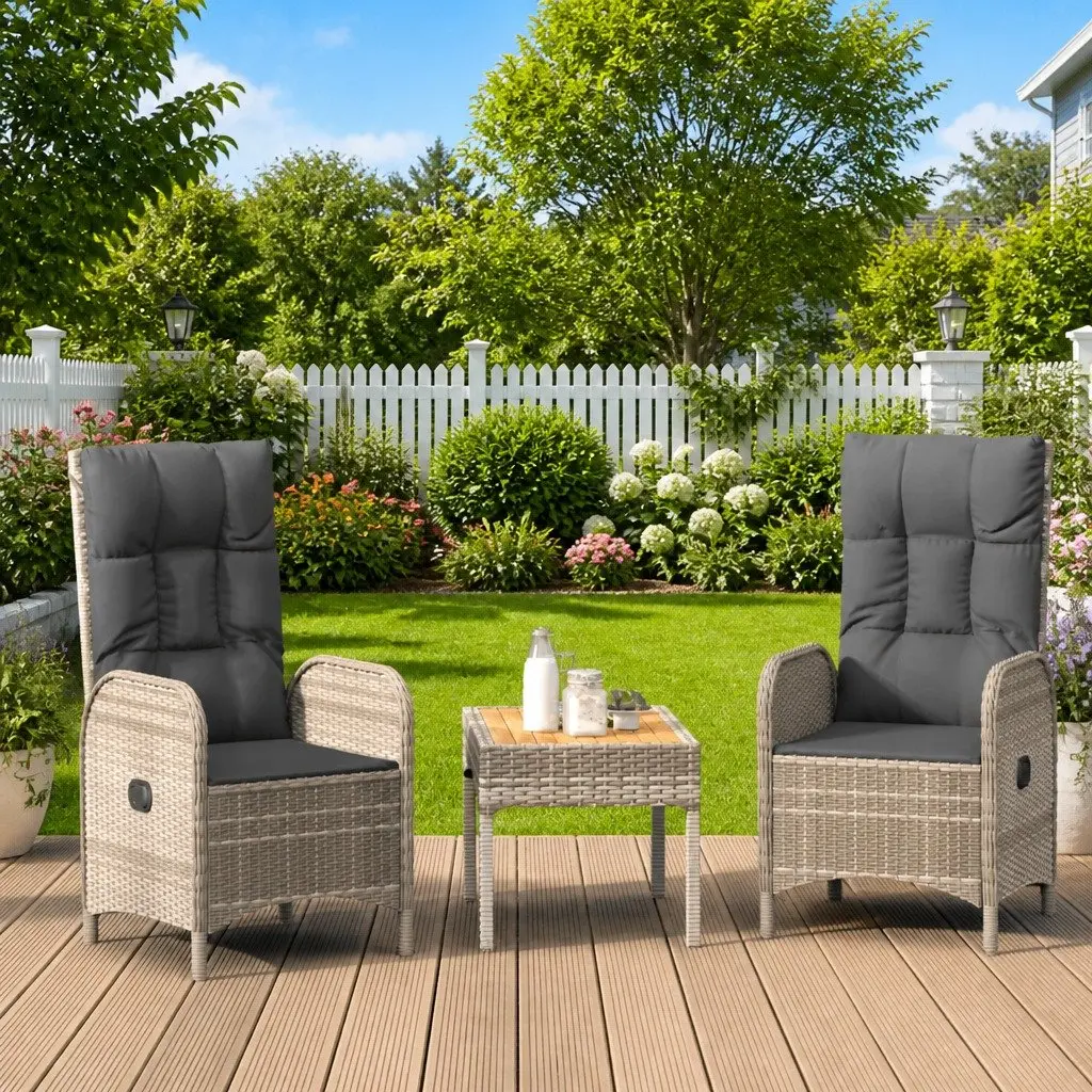 3 Piece Outdoor Furniture Set Grey Poly Rattan with Reclining Chairs and Soft Cushions