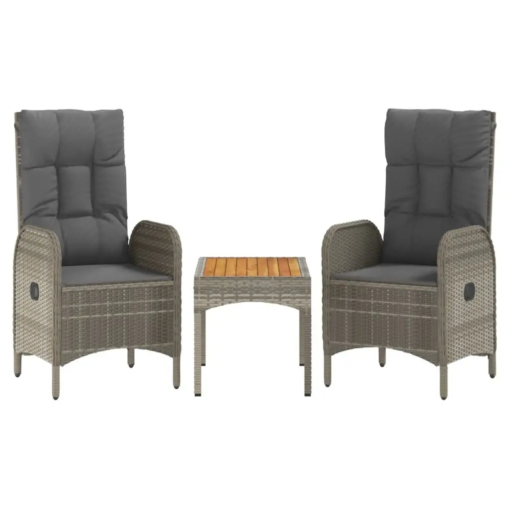 3 Piece Outdoor Furniture Set Grey Poly Rattan with Reclining Chairs and Soft Cushions