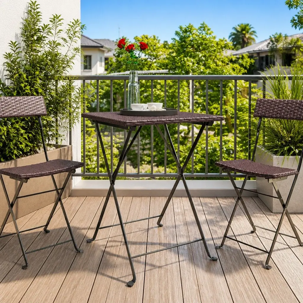 Folding Bistro Table Poly Rattan Steel Brown Outdoor Garden Patio