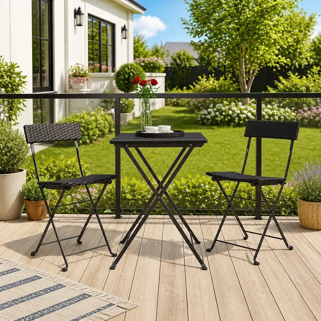 Outdoor Bistro Chair Set Black Poly Rattan Steel Frame Foldable 2 Pieces