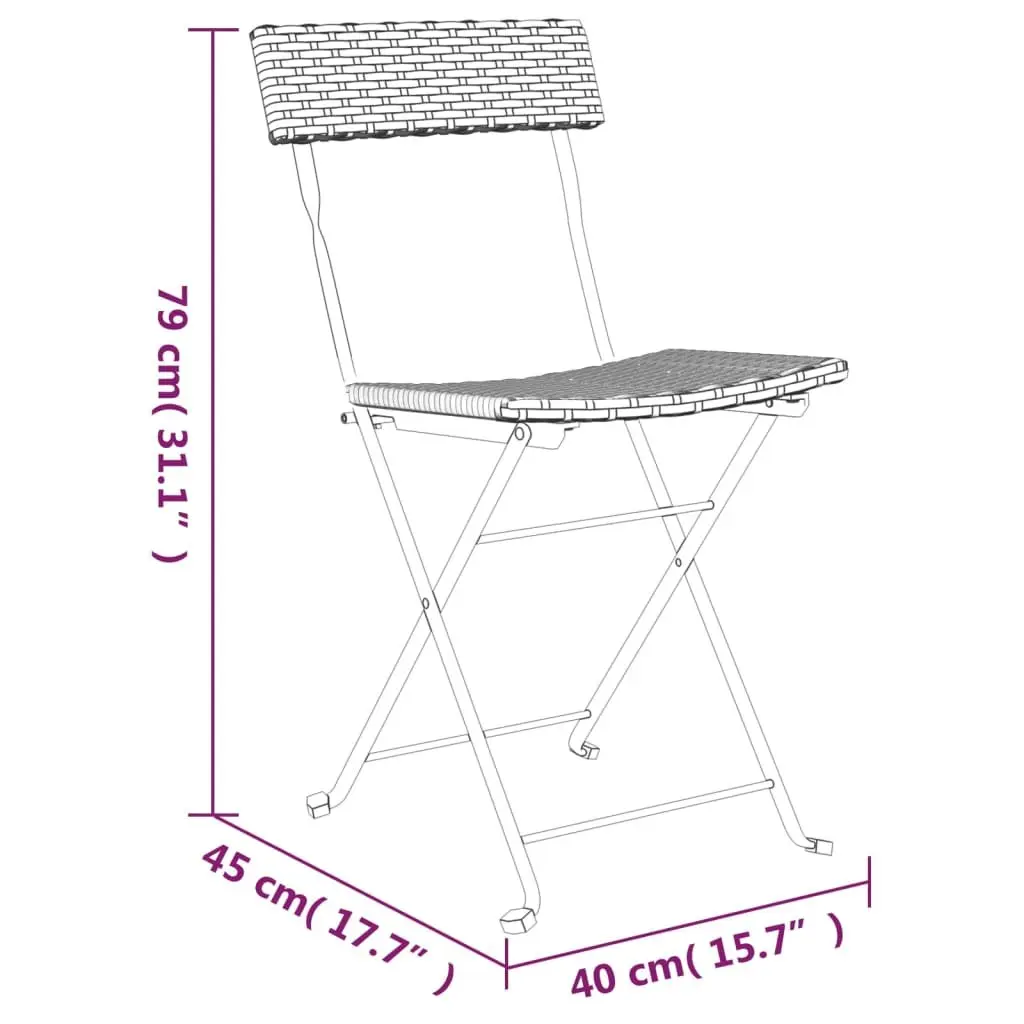 3 Piece Outdoor Folding Bistro Set Grey Poly Rattan Dining Table and Chairs for Garden Patio