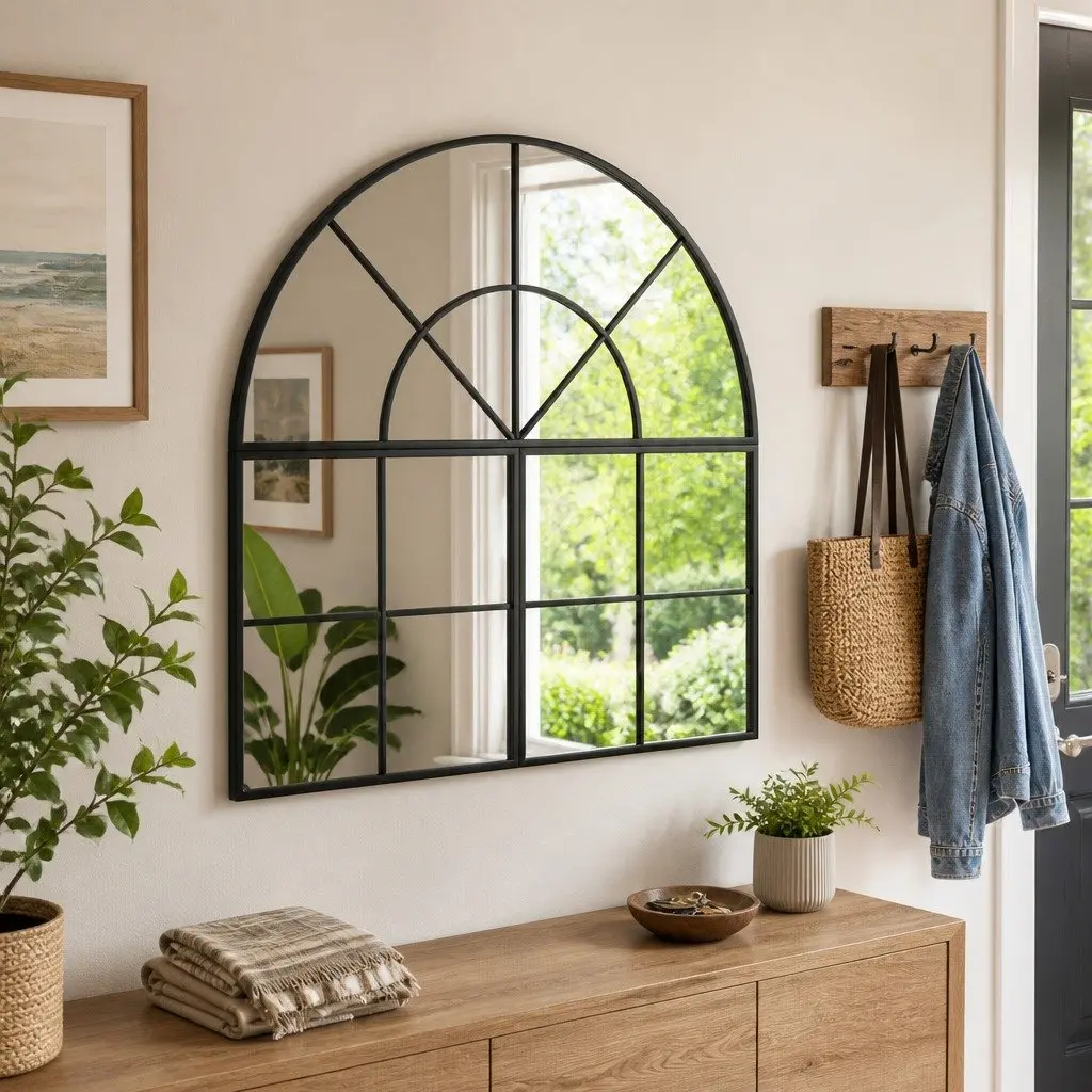 Black Arch Iron Frame Wall Mirror for Home Use