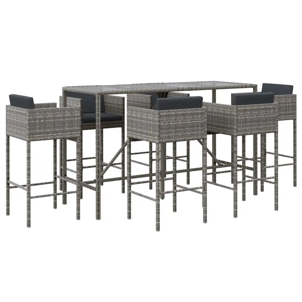 7 Piece Outdoor Bar Set Grey Rattan with Cushions Tempered Glass Top and Sturdy Steel Frame