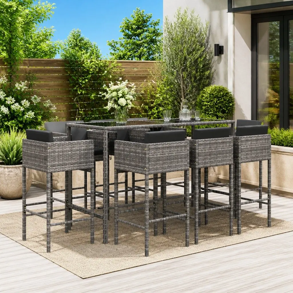 Garden Bar Set 9 Piece Outdoor Furniture Patio Dining Stools with Cushions Grey