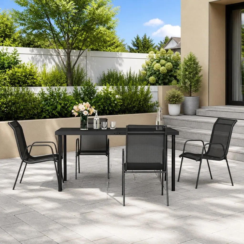 5 Piece Outdoor Dining Set Steel Textilene Chairs Glass Table Black