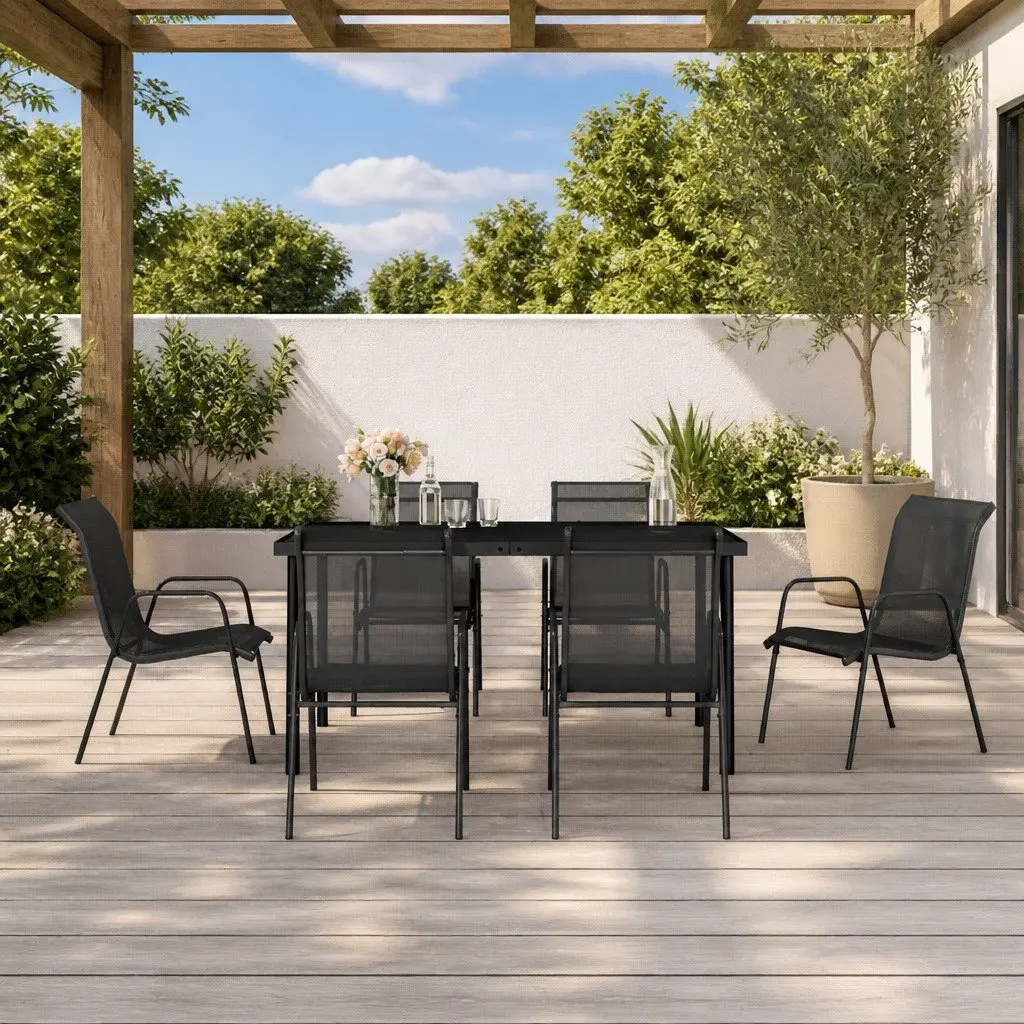 Outdoor Dining Set Black Textilene Chairs Tempered Glass Table 7 Piece Steel Frame