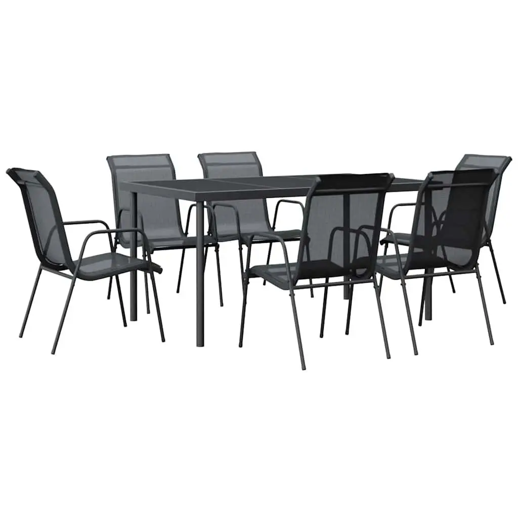 Outdoor Dining Set Black Textilene Chairs Tempered Glass Table 7 Piece Steel Frame