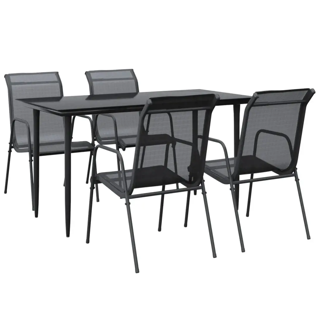 5 Piece Outdoor Dining Set Black Textilene Chairs Tempered Glass Table Steel Garden Furniture