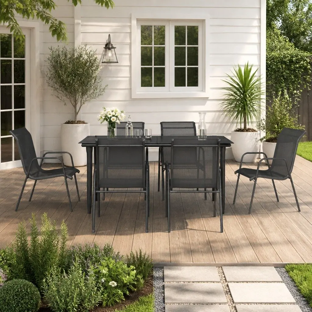 Garden Dining Set Powder-coated Steel 7 Piece Black Patio Furniture