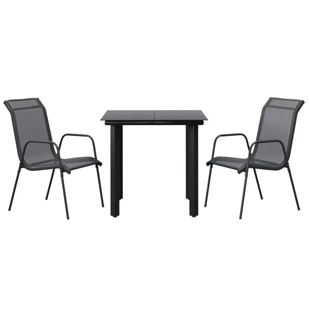 Outdoor Furniture Dining Set Black Steel Textilene Chairs Glass Table 3 Piece