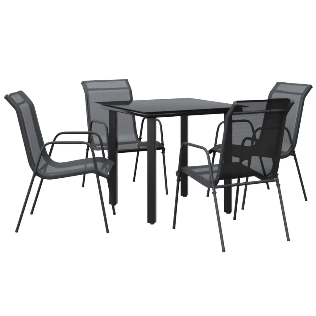 Outdoor Garden Dining Set Black Powder-coated Steel Textilene Chairs Tempered Glass Table 5 Piece