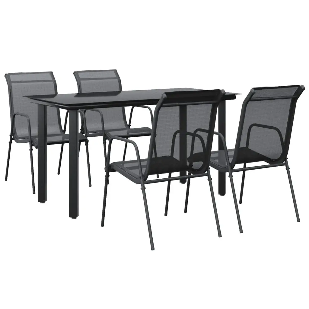 Outdoor Dining Set 5 Piece Black Powder-Coated Steel Textilene Chairs Tempered Glass Table