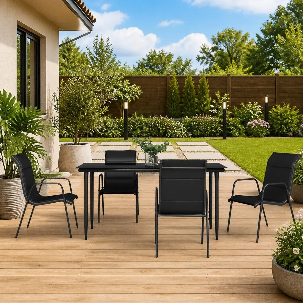 Outdoor Dining Set 5 Piece Black Steel Textilene Chairs Tempered Glass Table