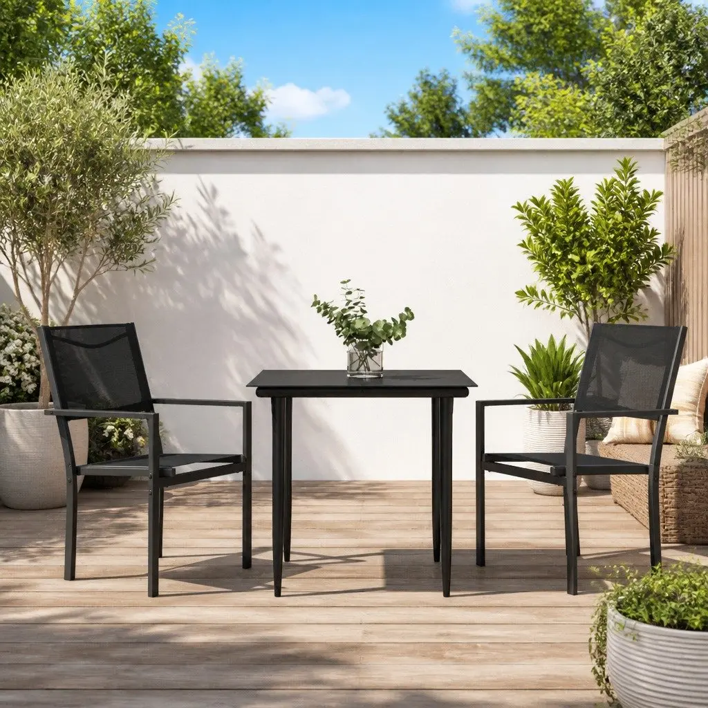 Outdoor Dining Set 3 Piece Black Textilene Steel Table and Chairs for Patio