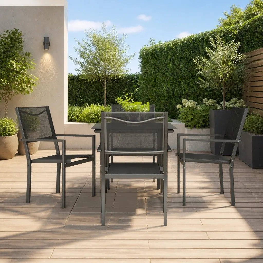 Garden Dining Set 5 Piece Black Steel Textilene Chairs Table