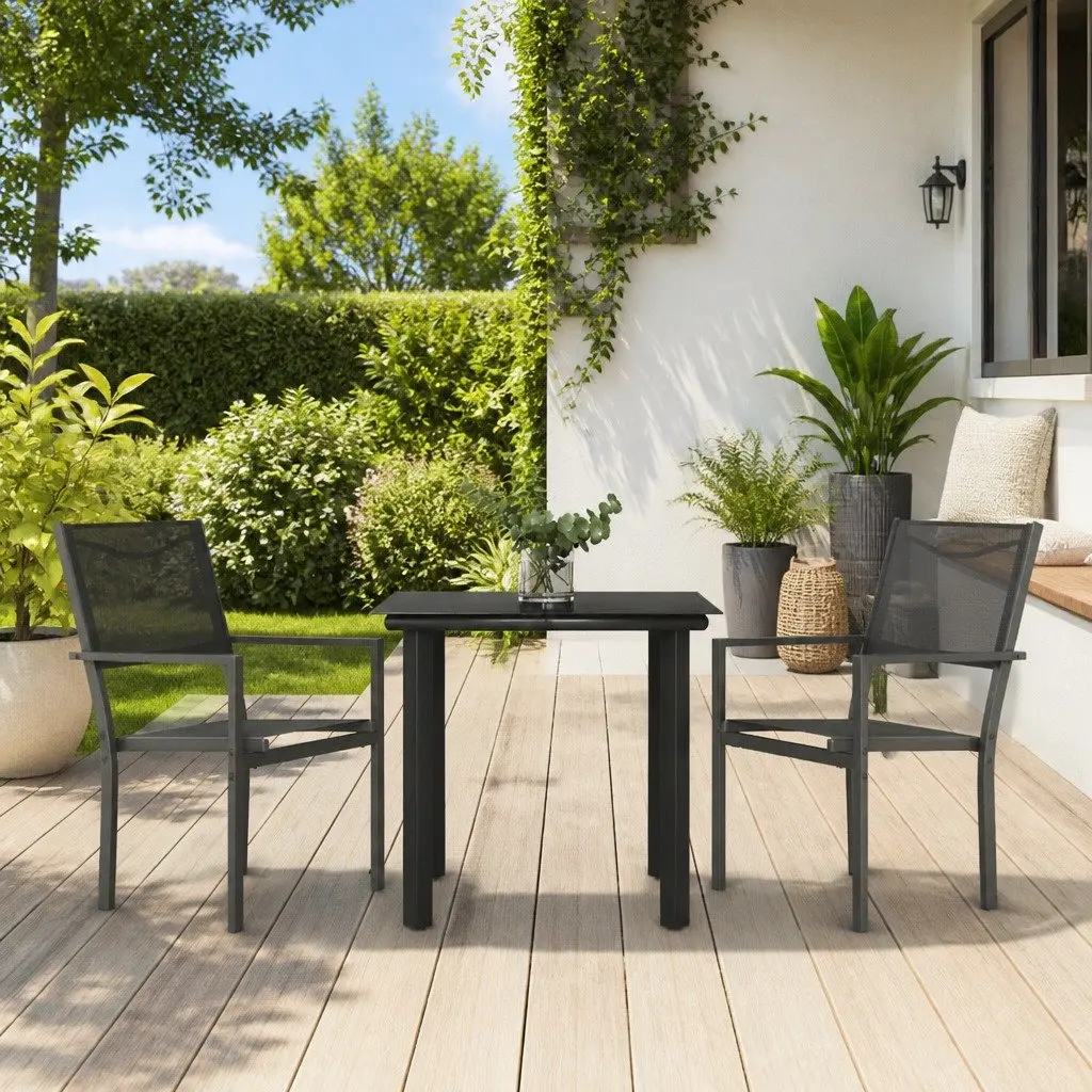 Outdoor Furniture Dining Set 3 Piece Black Textilene Steel Patio Table and Armchairs