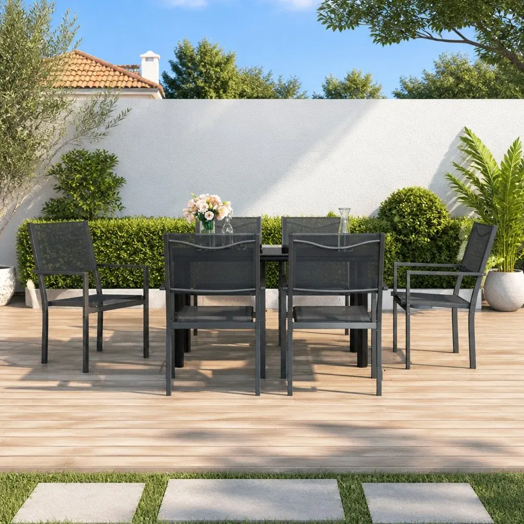 7 Piece Outdoor Dining Set Textilene Steel Black Garden Patio Table