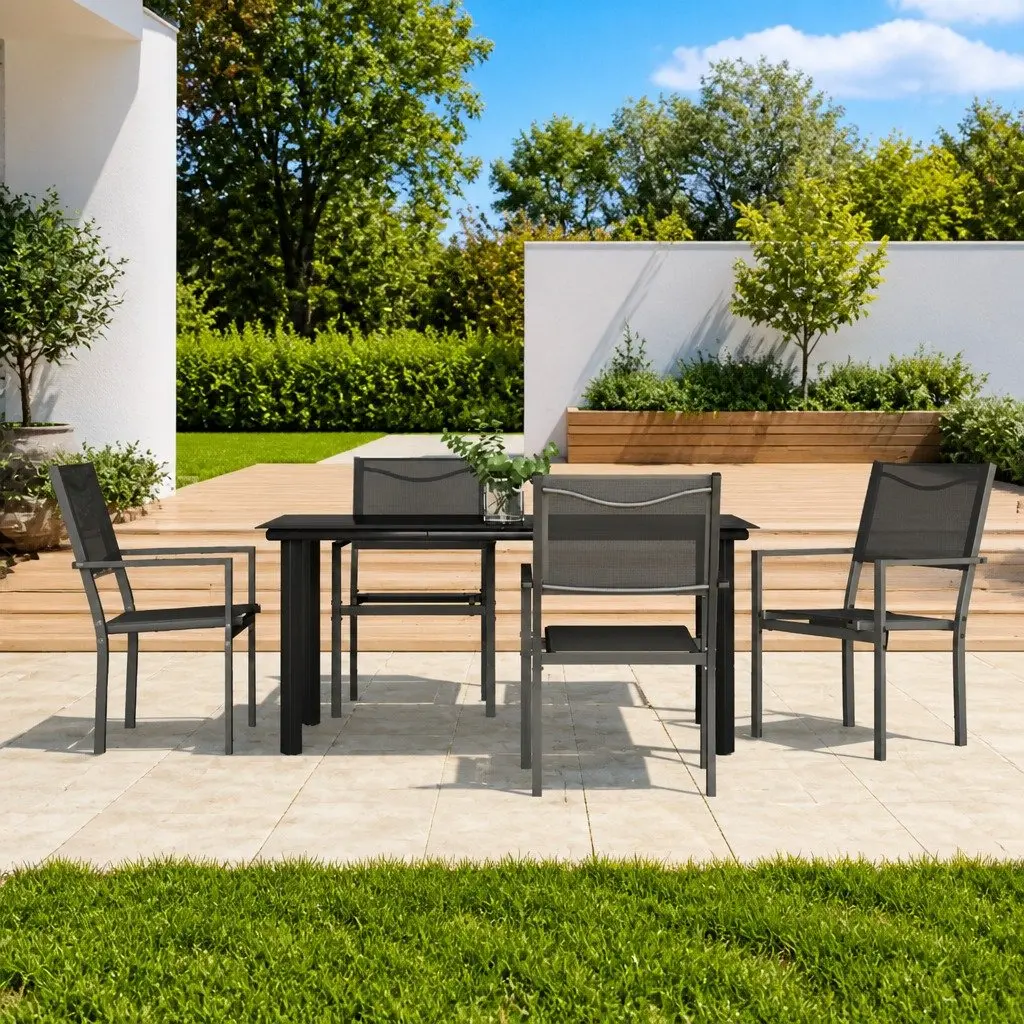 Garden Dining Set 5 Piece Powder-Coated Steel Black Textilene Chairs Tempered Glass Table