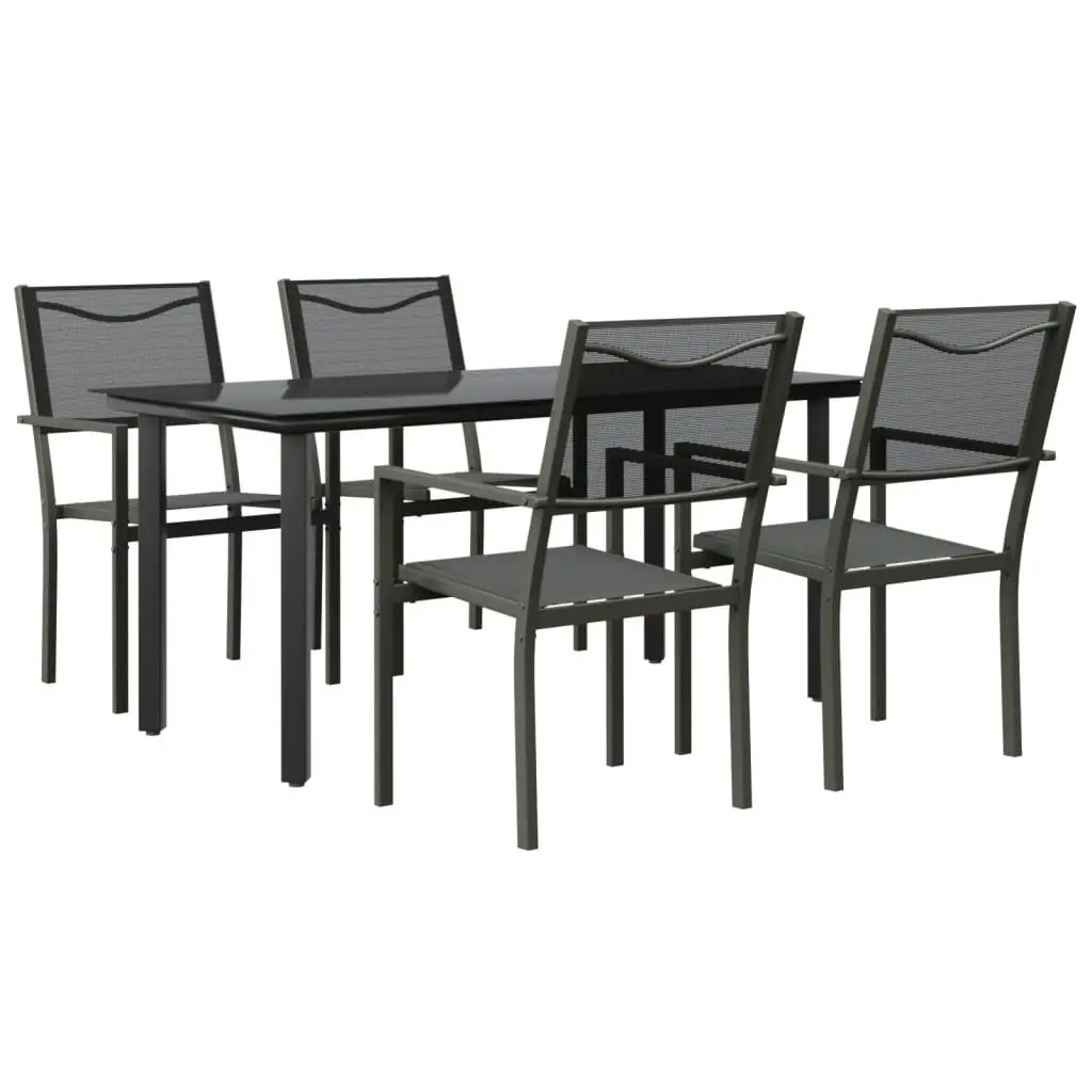 Garden Dining Set 5 Piece Powder-Coated Steel Black Textilene Chairs Tempered Glass Table
