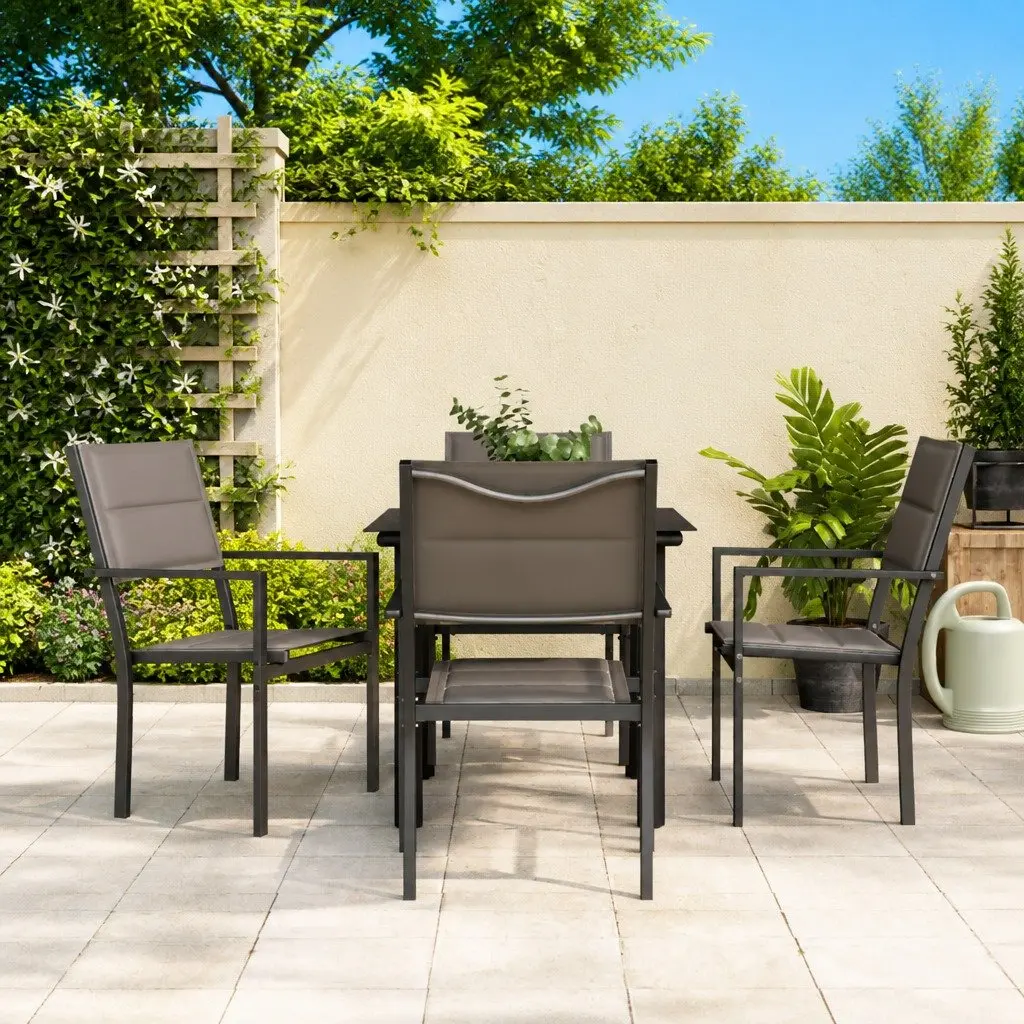 Garden Dining Set Black Powder-coated Steel 5 Piece Textilene Chairs Tempered Glass Table