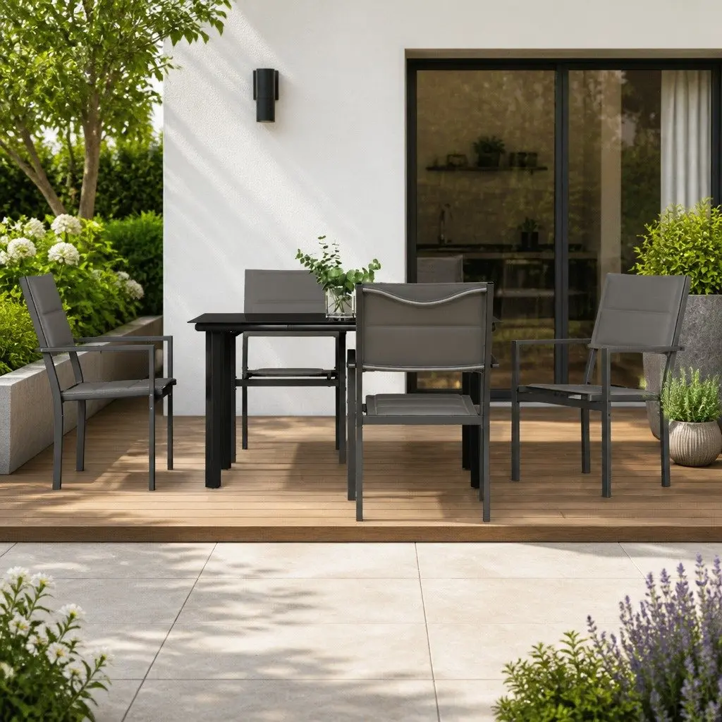 5 Piece Outdoor Dining Set Black Textilene Steel Frame Tempered Glass Table Ergonomic Chairs Patio Furniture