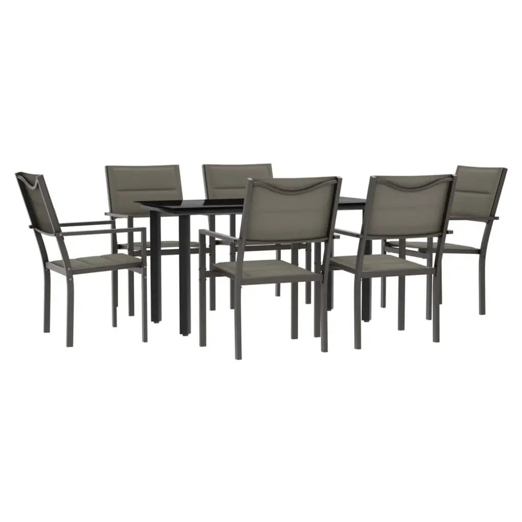 7 Piece Outdoor Dining Set Powder-coated Steel Textilene Chairs Tempered Glass Table Black