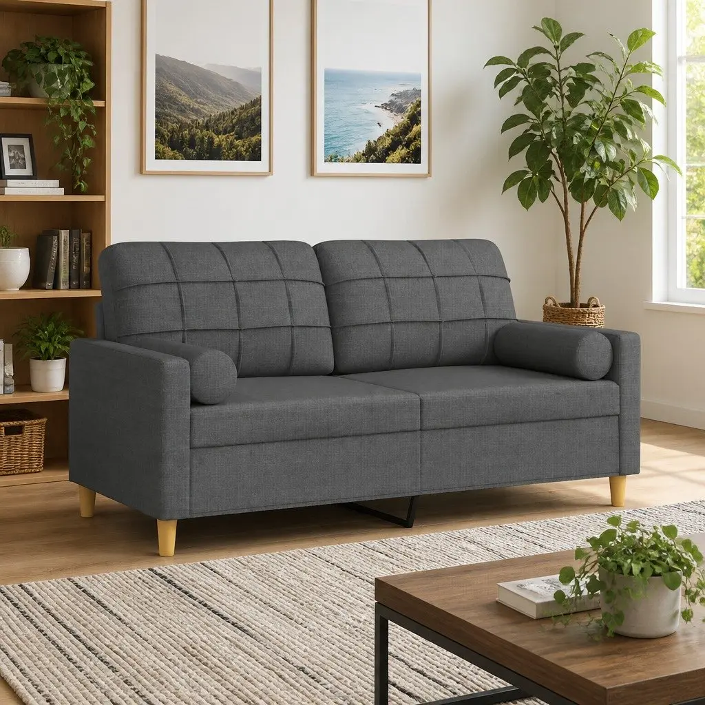 2-Seater Sofa with Throw Pillows Dark Grey 140cm Fabric Lounge Couch Loveseat