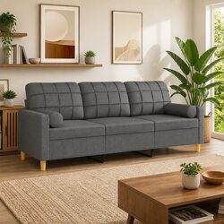 3-Seater Sofa Grey Fabric Modern Lounge with Throw Pillows 180cm Living Room