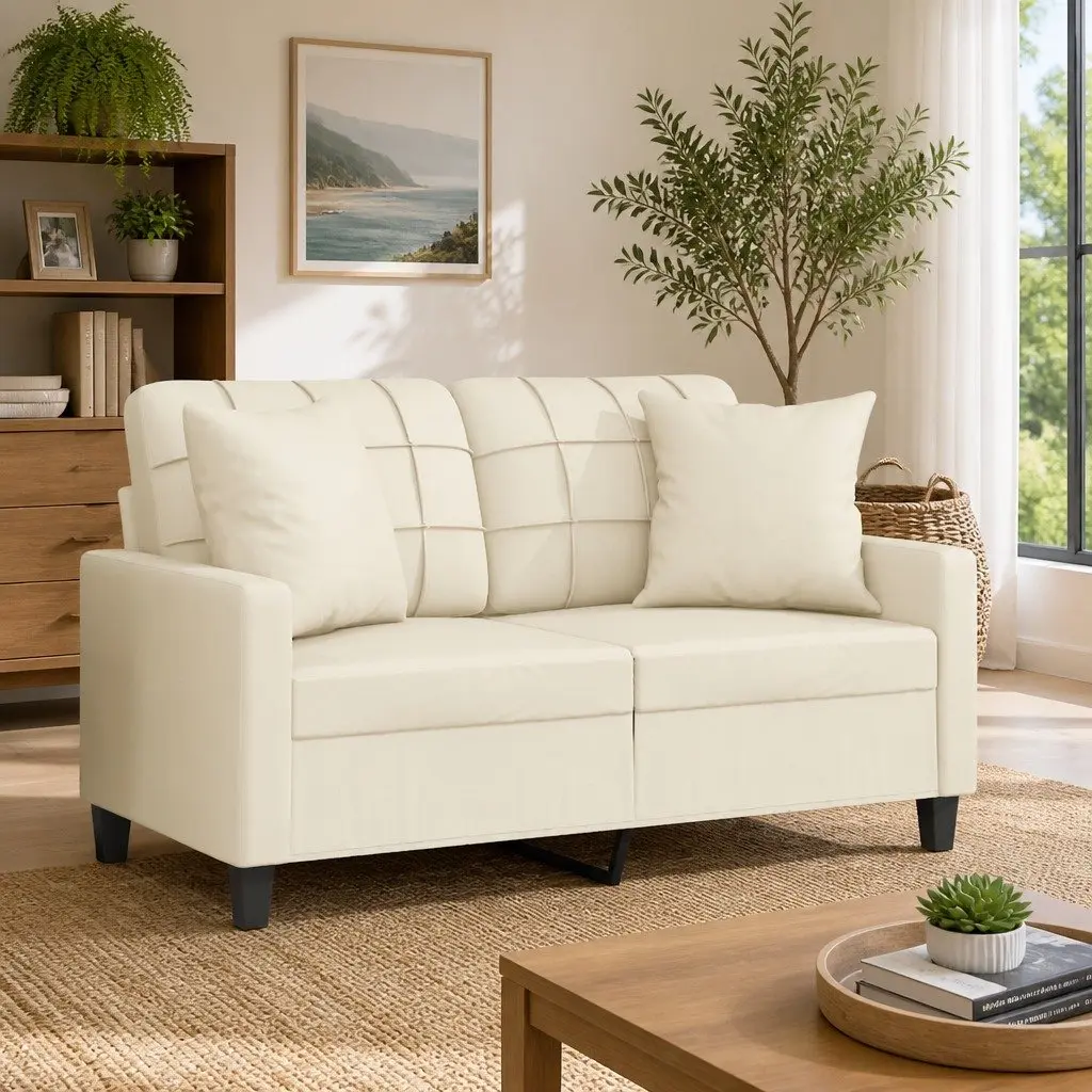 2-Seater Sofa Faux Leather 120cm Cream with Throw Pillows