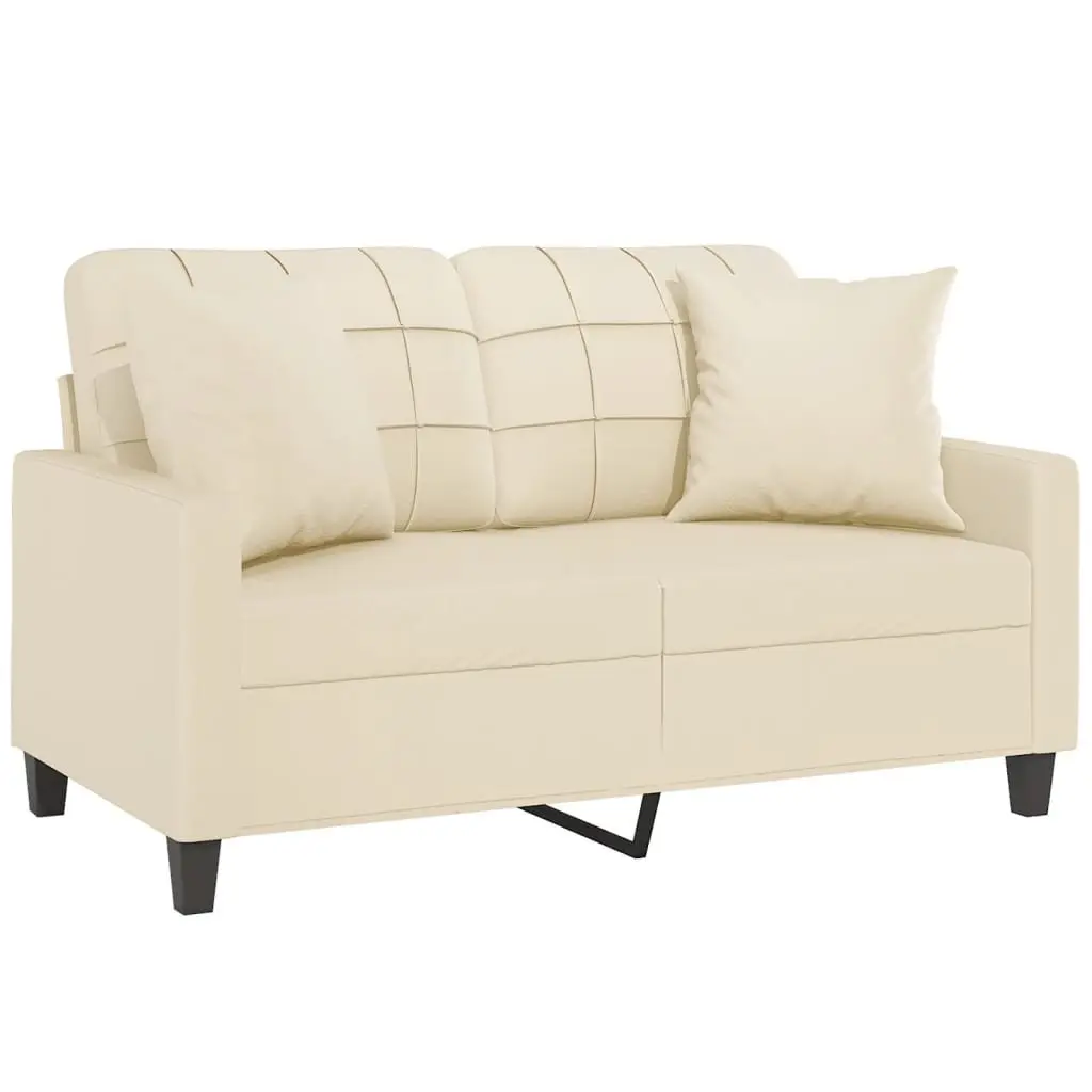2-Seater Sofa Faux Leather 120cm Cream with Throw Pillows