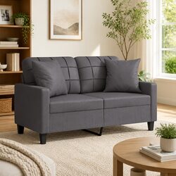 2-Seater Sofa Grey Faux Leather Modern Lounge Couch with Throw Pillows 120cm