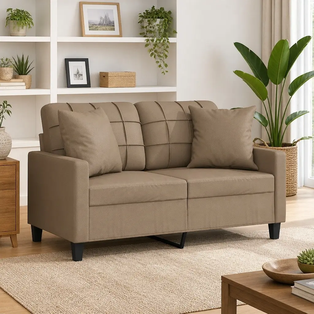 Brown Faux Leather 2-Seater Sofa 120cm with Throw Pillows for Lounge and Living Room