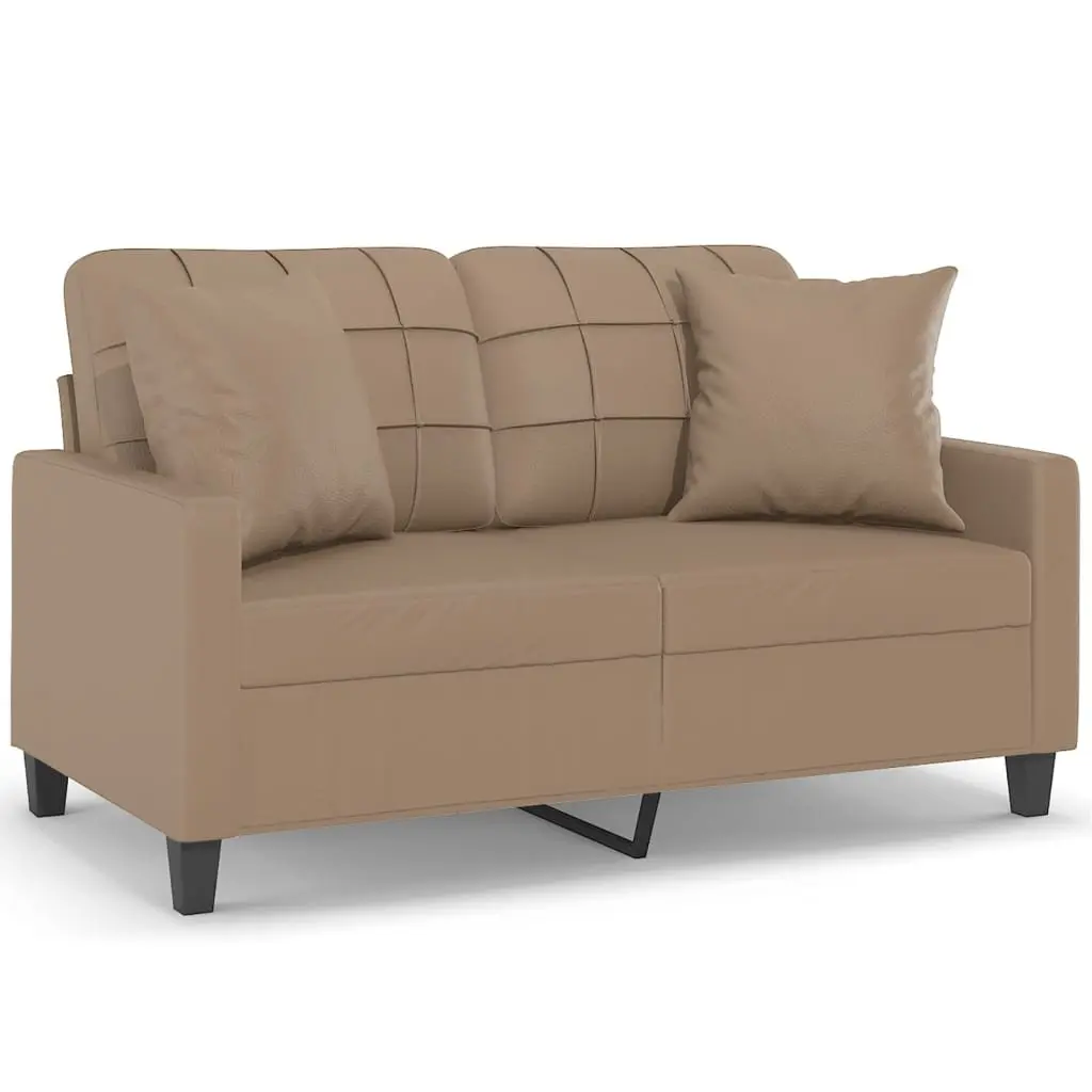 Brown Faux Leather 2-Seater Sofa 120cm with Throw Pillows for Lounge and Living Room